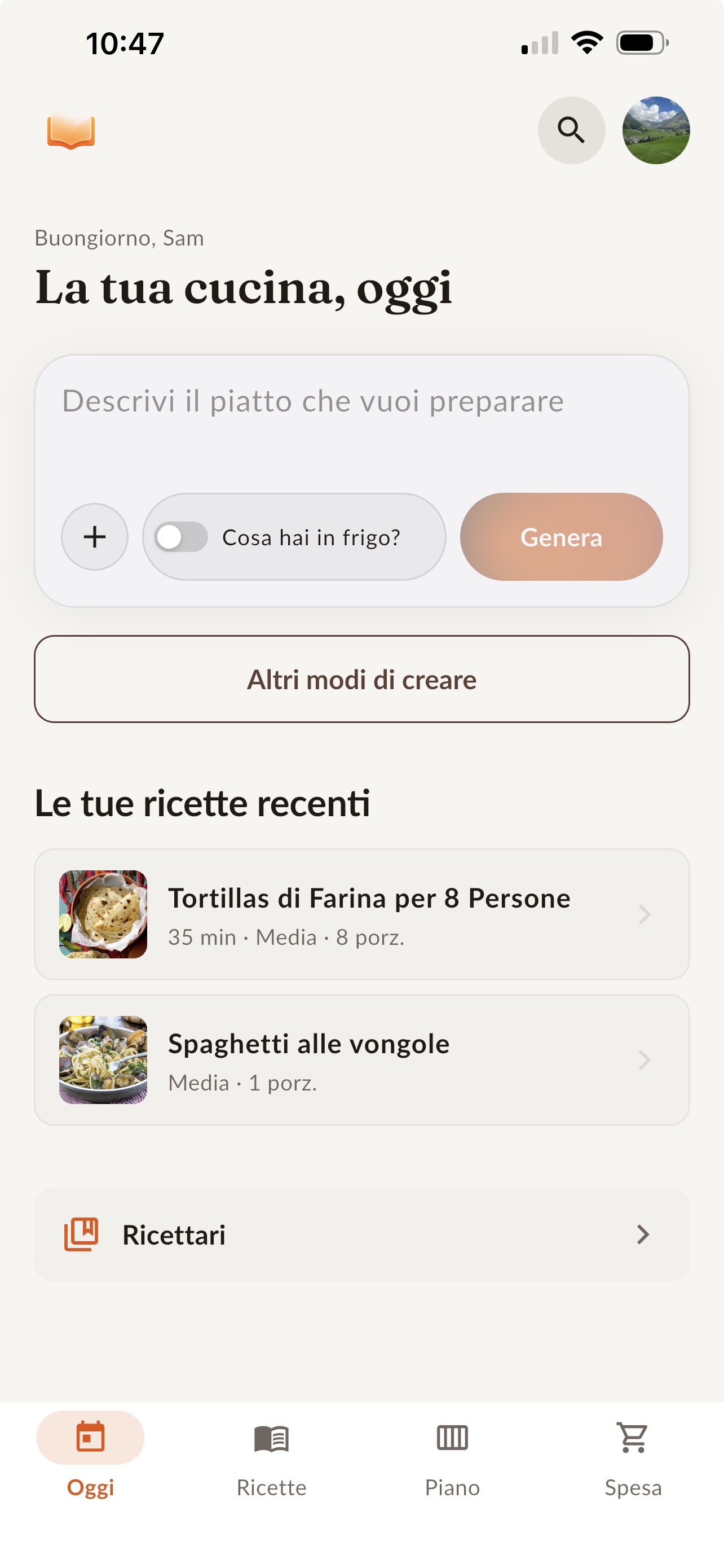 Home di Chefbase: ricette personali, ricettario, ricette AI, piano pasti e lista della spesa